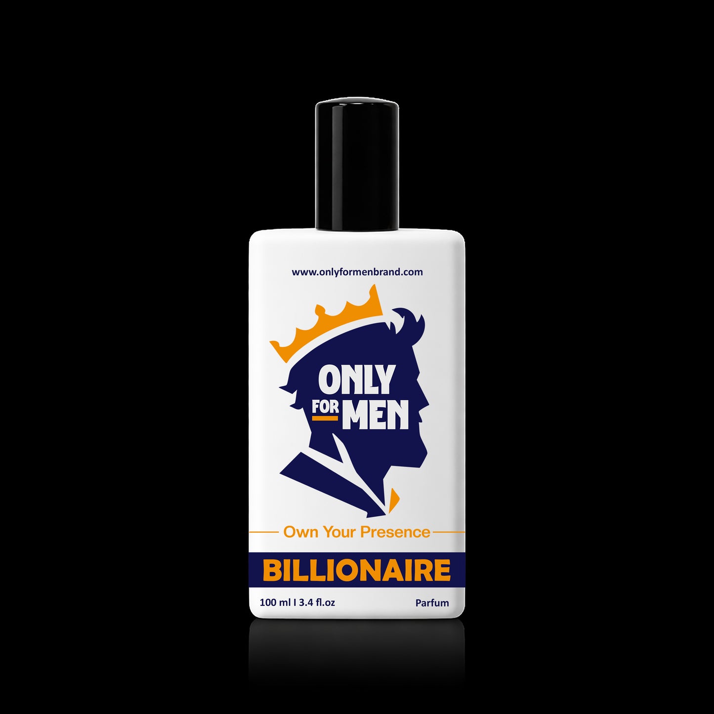 Perfume bottle labeled 'Only for Men Billionaire' on a black background