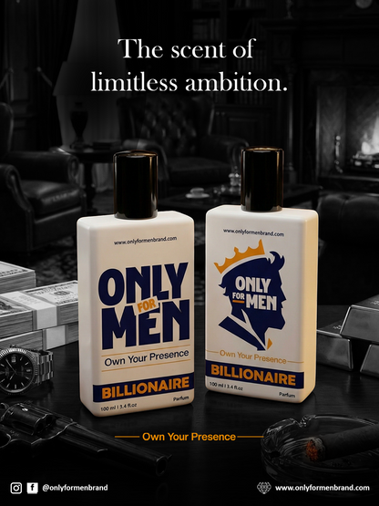 Two bottles of 'Only for Men' Billionaire perfume on a dark surface with text about limitless ambition.
