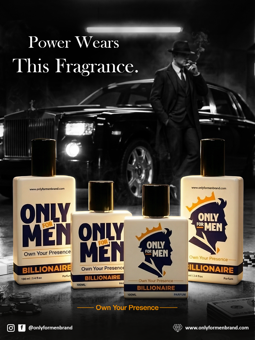 Advertisement for 'Only for Men' fragrance with a man in a suit and car in the background.