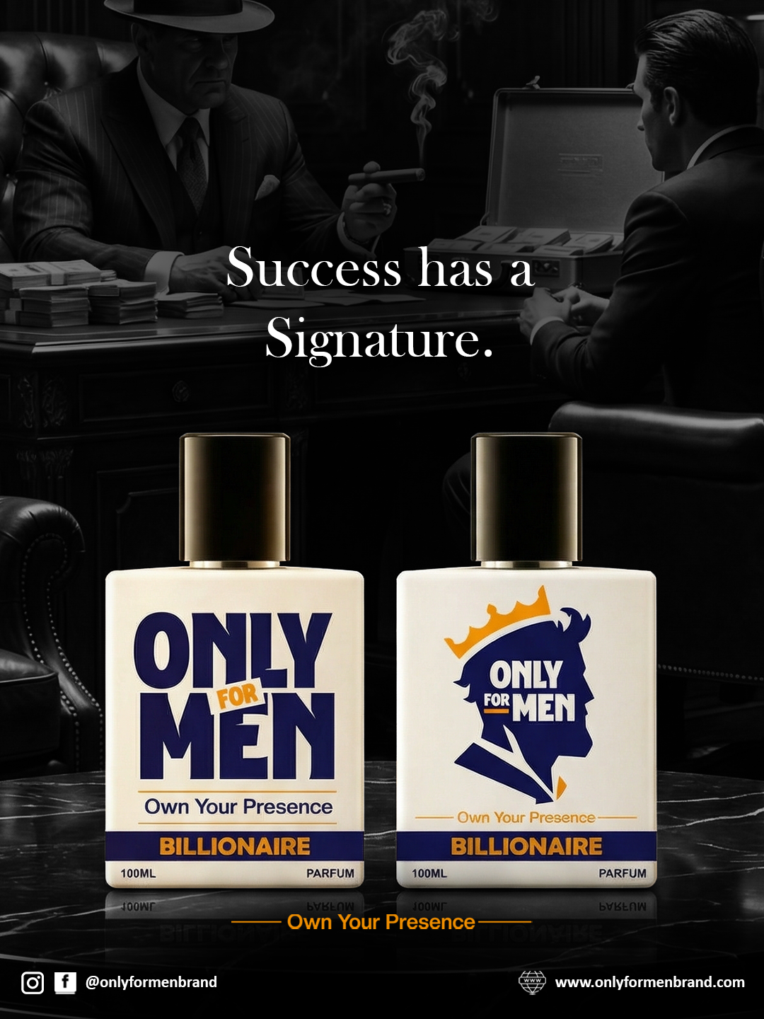 Two men in suits with a laptop, featuring 'Only for Men' perfume bottles on a dark background.