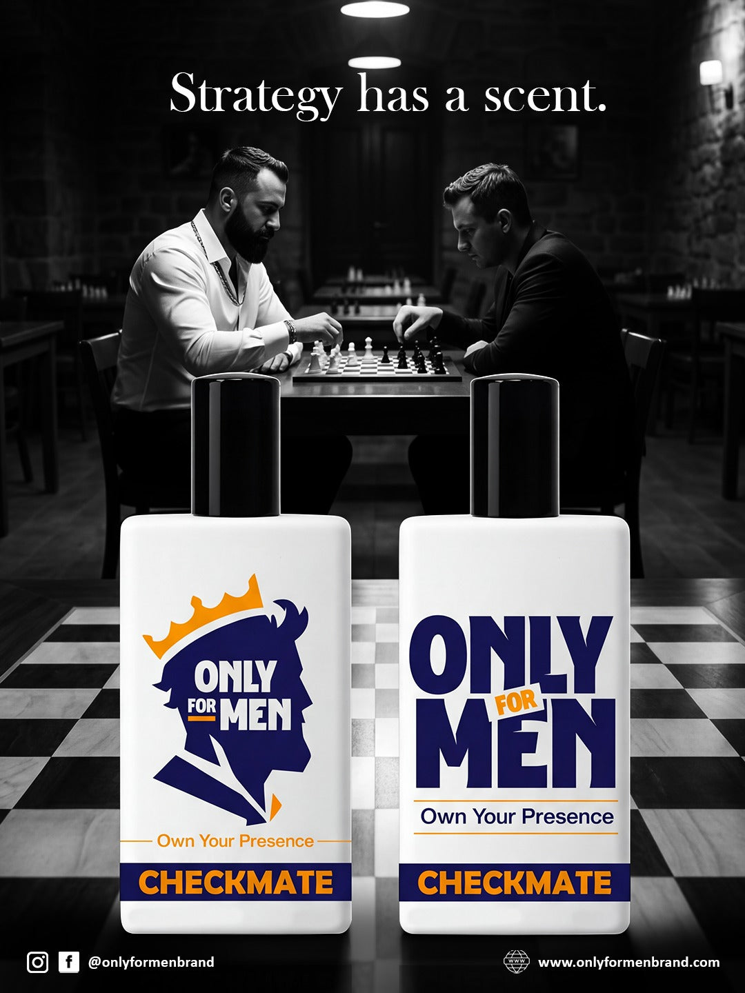 Two men playing chess in a dimly lit room with 'Only for Men' cologne bottles displayed.
