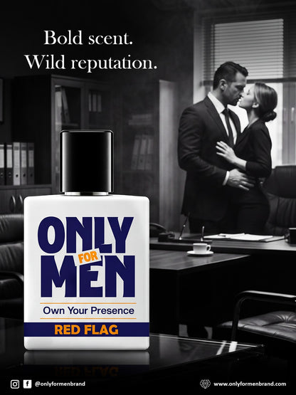 Advertisement for 'Only for Men' cologne with a bottle in the foreground and a couple embracing in the background.