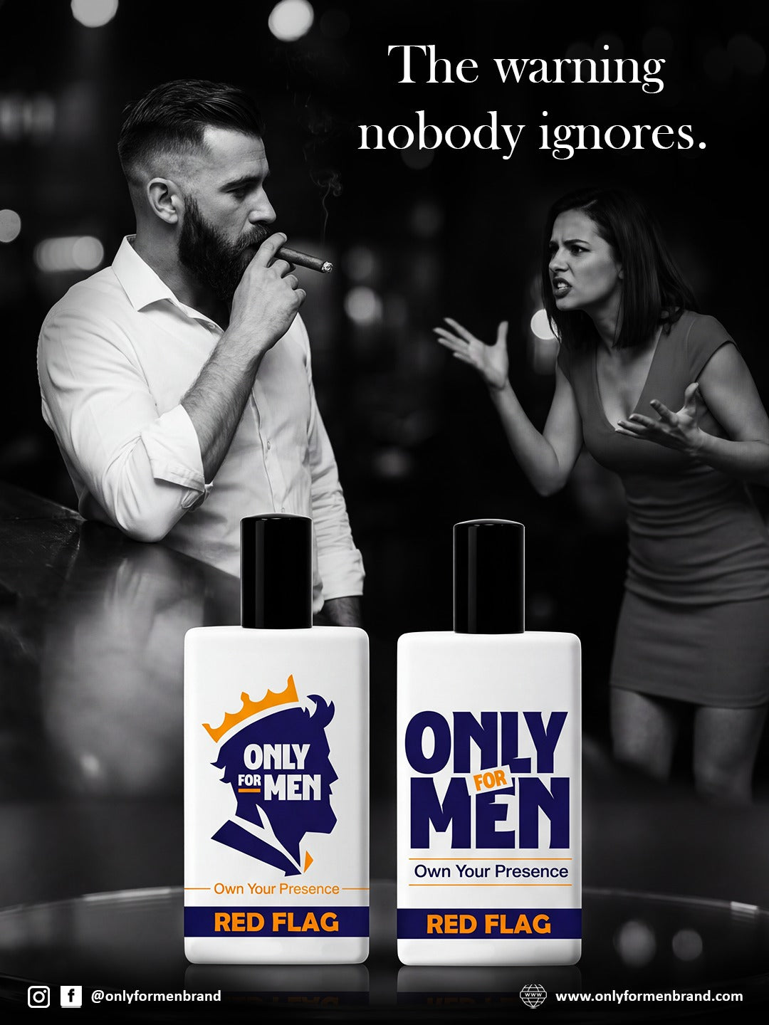 Two bottles of 'Only for Men' cologne with a man and woman in a bar setting.