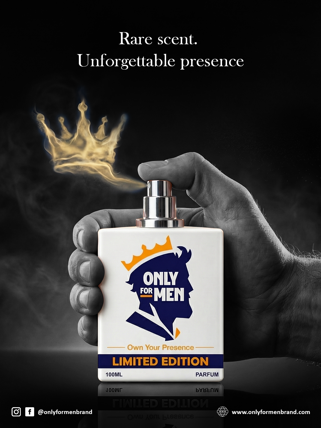 Hand holding a perfume bottle labeled 'Only for Men' with a crown graphic on a dark background.